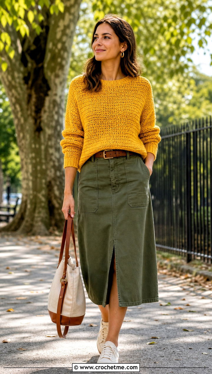 Crew Neck Crochet Sweater With Utility Skirt - 25 Colorful Crochet Sweater Ideas