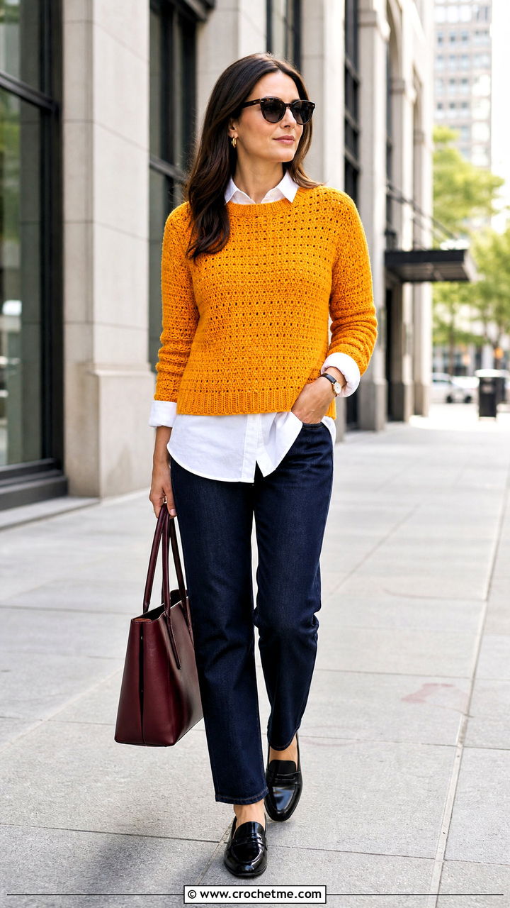 Crew Neck Crochet Sweater With White Shirt And Jeans - 35 crochet loose sweater outfit ideas