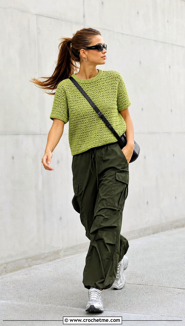 Crew Neck Crochet T Shirt With Cargo Pants - 30 crochet t shirts outfit ideas