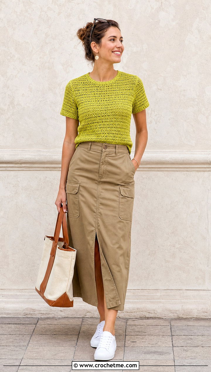 Crew Neck Crochet Top With Utility Skirt - 30 crochet short sleeve top outfit ideas