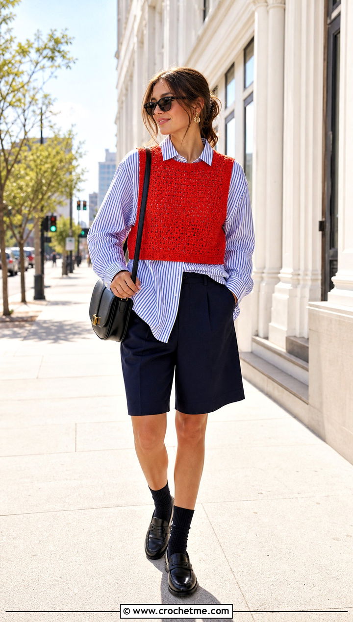 Crew Neck Crochet Vest With Bermuda Shorts - 35 crochet vests outfit ideas