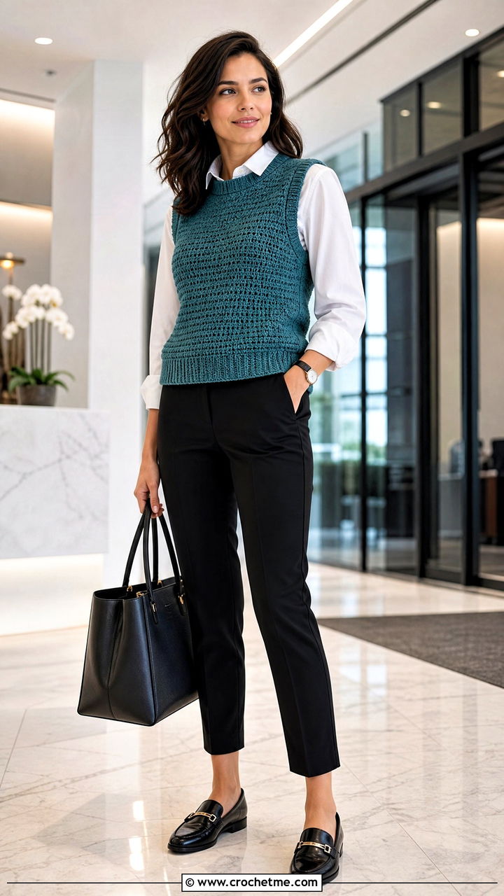 Crew Neck Crochet Vest With Button Down Shirt - 35 easy crochet vest outfit ideas
