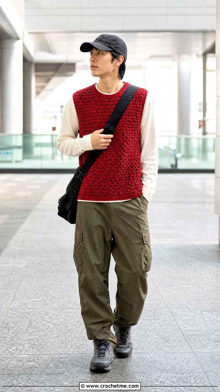Crew Neck Crochet Vest With Long Sleeve T Shirt And Cargos - 35 crochet vest for men outfit ideas