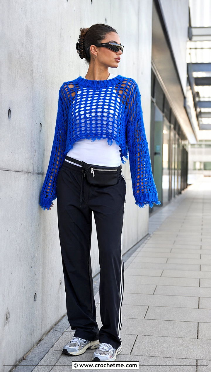 Crew Neck Distressed Crochet Sweater With Track Pants - 35 distressed crochet sweater outfit ideas