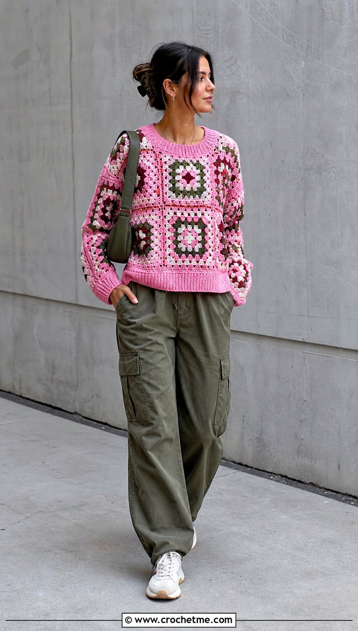 Crew Neck Granny Square Jumper With Cargo Pants - 35 granny square jumper outfit ideas
