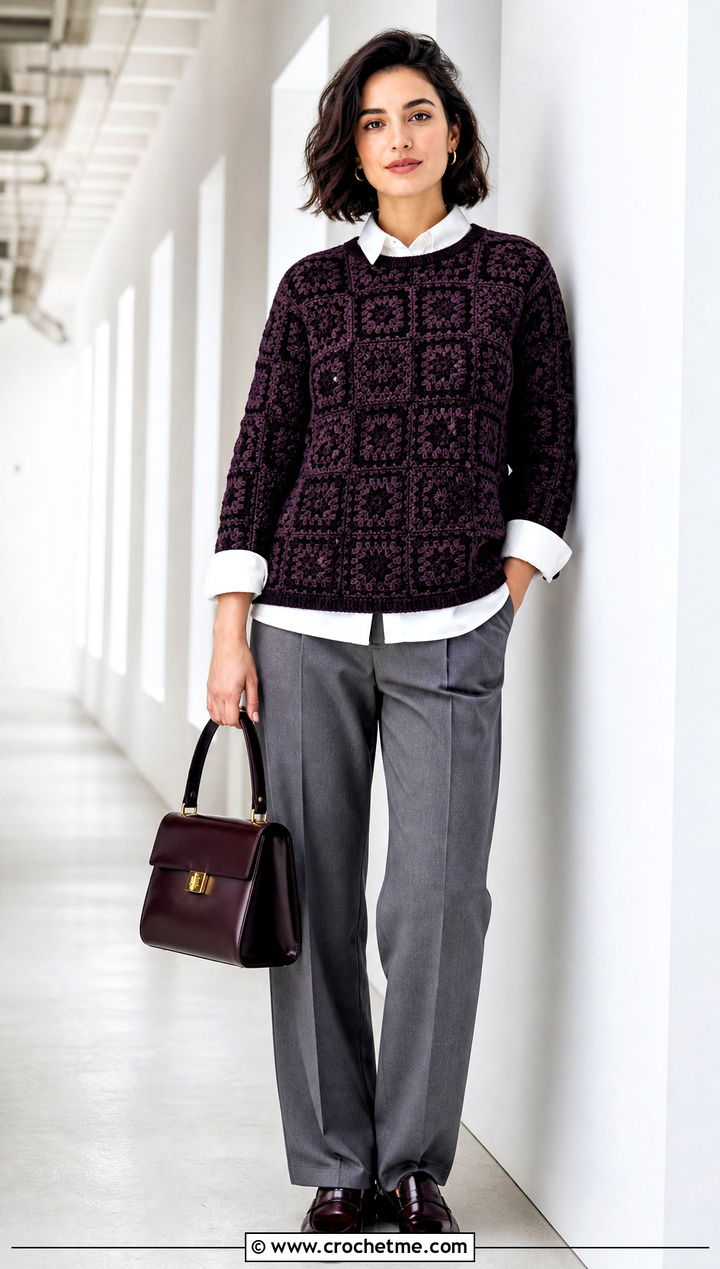 Crew Neck Granny Square Jumper With Pleated Trousers - 25 Crochet Granny Jumper outfit ideas