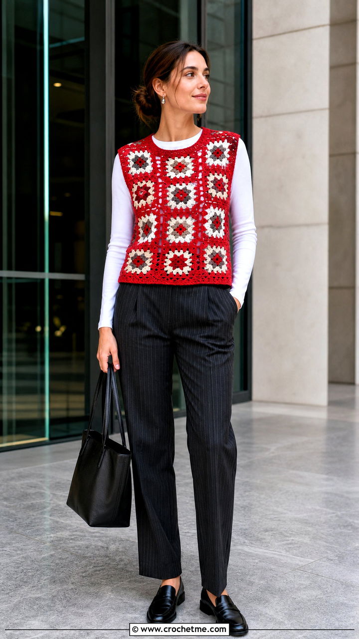 Crew Neck Granny Square Sweater Vest With Pinstripe Trousers - 35 granny square sweater vest outfit ideas