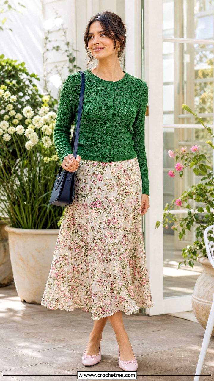 Crew Neck Green Crochet Cardigan With a Floral Midi Skirt - 35 green crochet cardigan outfit ideas