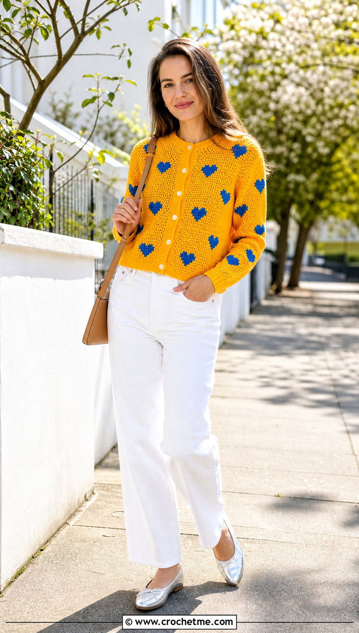 Crew Neck Heart Cardigan With White Jeans - 35 crochet heart cardigan outfit ideas