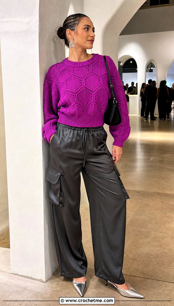 Crew Neck Hexagon Jumper With Satin Cargo Pants - 30 crochet hexagon jumper outfit ideas