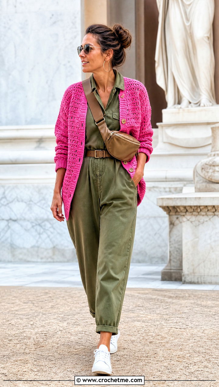Crew Neck Knit Look Crochet Cardigan With Utility Jumpsuit - 25 Knit Look Crochet Cardigan outfit ideas