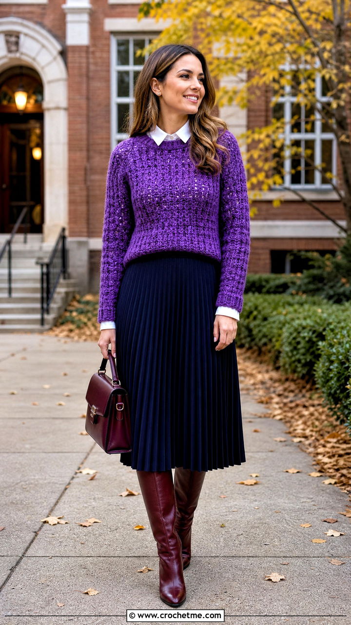 Crew Neck Mohair Crochet Sweater With Pleated Midi Skirt - 35 mohair crochet sweater outfit ideas