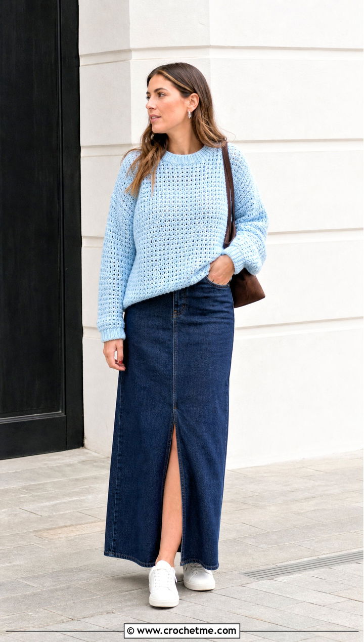 Crew Neck Oversized Crochet Jumper With Denim Maxi Skirt - 25 oversized crochet jumper outfit ideas