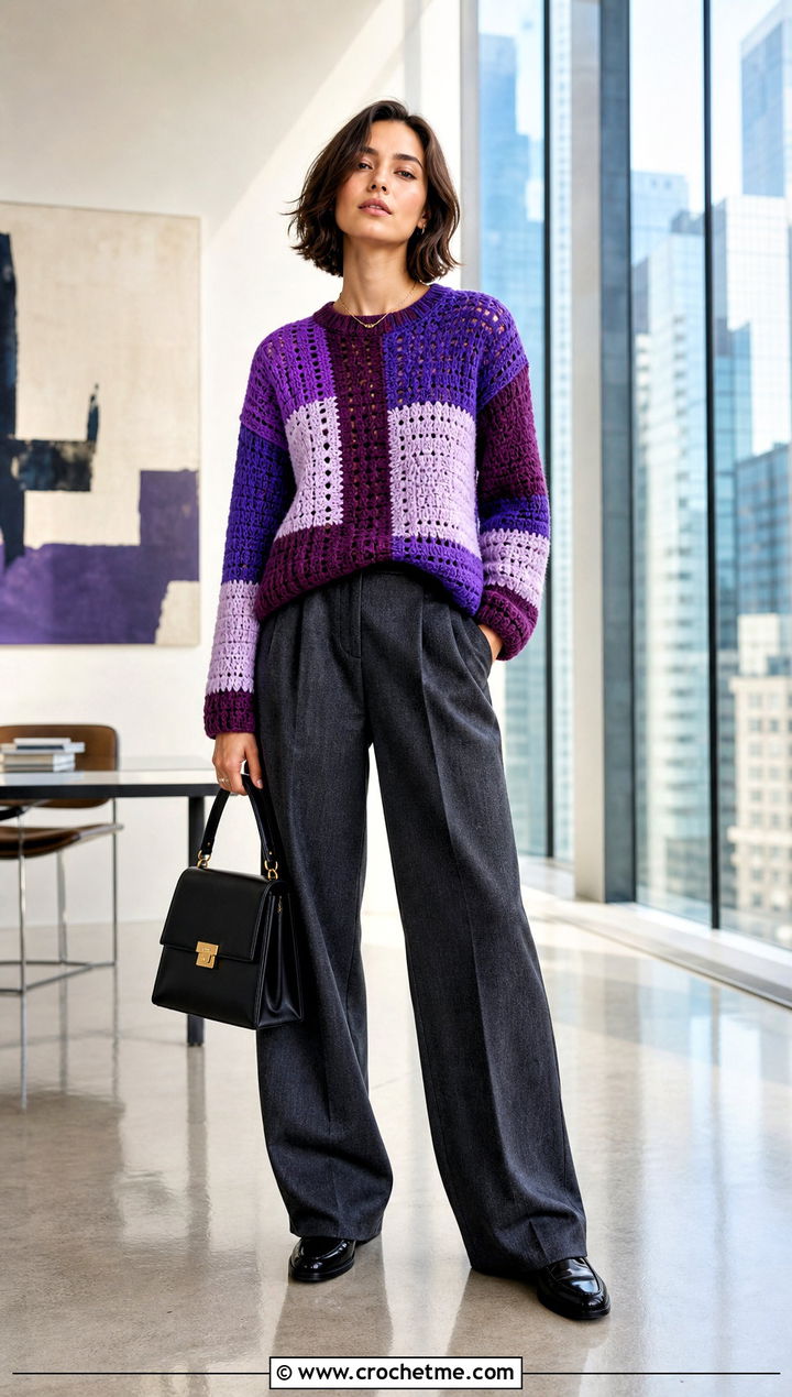 Crew Neck Patchwork Jumper With Wide Leg Trousers - 15 crochet patchwork jumper outfit ideas