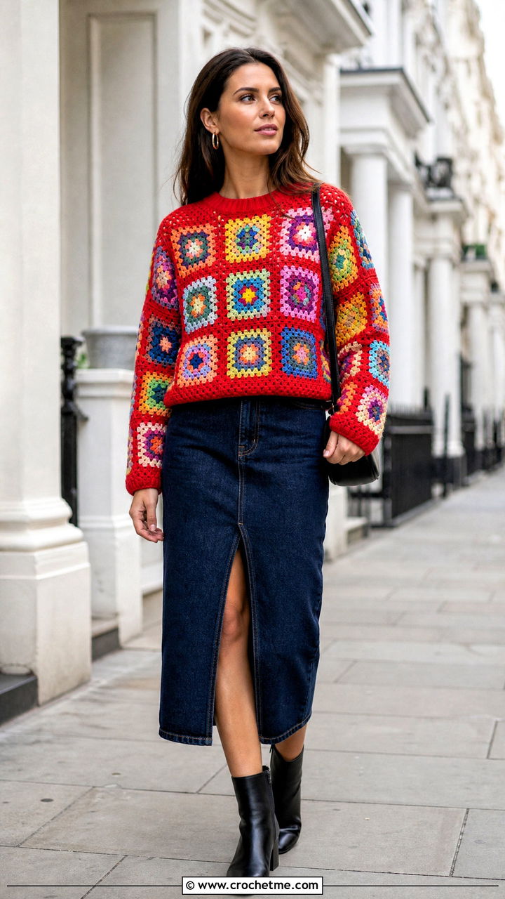 Crew Neck Rainbow Granny Square Jumper With Denim Midi Skirt - 35 crochet granny square jumper outfit ideas