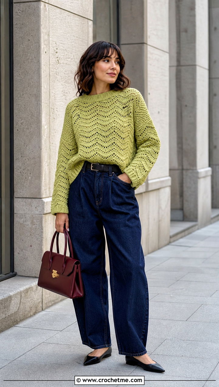 Crew Neck Ripple Sweater With Barrel Jeans - 30 crochet ripple sweater outfit ideas