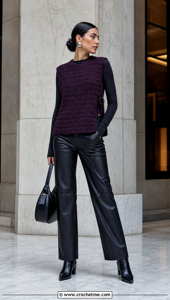 Crew Neck Side Tie Crochet Vest With Leather Pants - 30 crochet vest tie sides outfit ideas
