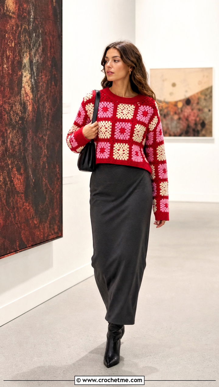 Crew Neck Square Jumper With Column Maxi Skirt - 30 crochet square jumper outfit ideas