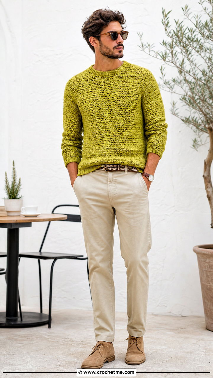 Crew Neck Textured Crochet Sweater With Chinos - 35 crochet sweater for men outfit ideas