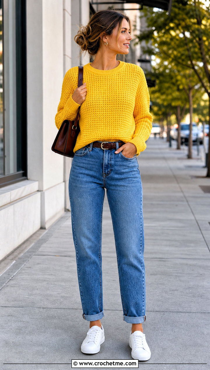 Crew Neck Waffle Stitch Crochet Sweater With Straight Leg Jeans - 30 waffle stitch crochet sweater outfit ideas