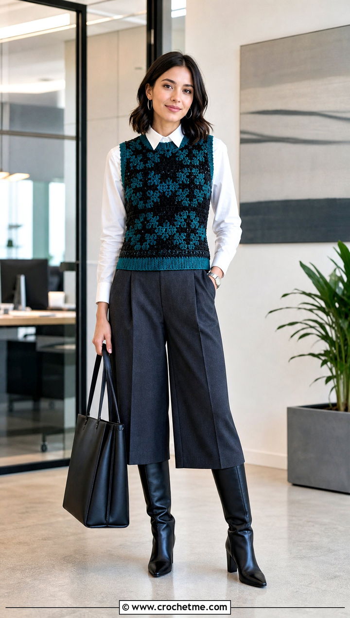 Crew Neck Wednesday Crochet Vest With Culottes - 30 wednesday crochet vest outfit ideas