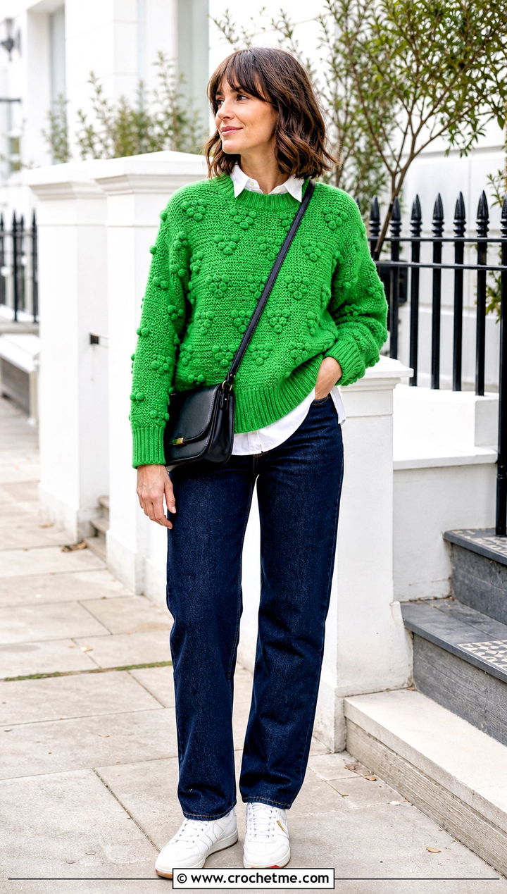 Crewneck Bobble Sweater With Straight Leg Jeans - 25 crochet bobble sweater outfit ideas