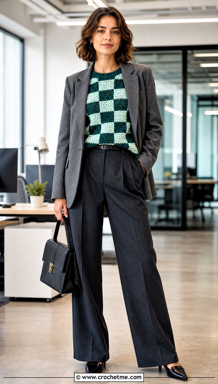 Crewneck Checkered Crochet Sweater With Tailored Trousers - 30 checkered crochet sweater outfit ideas