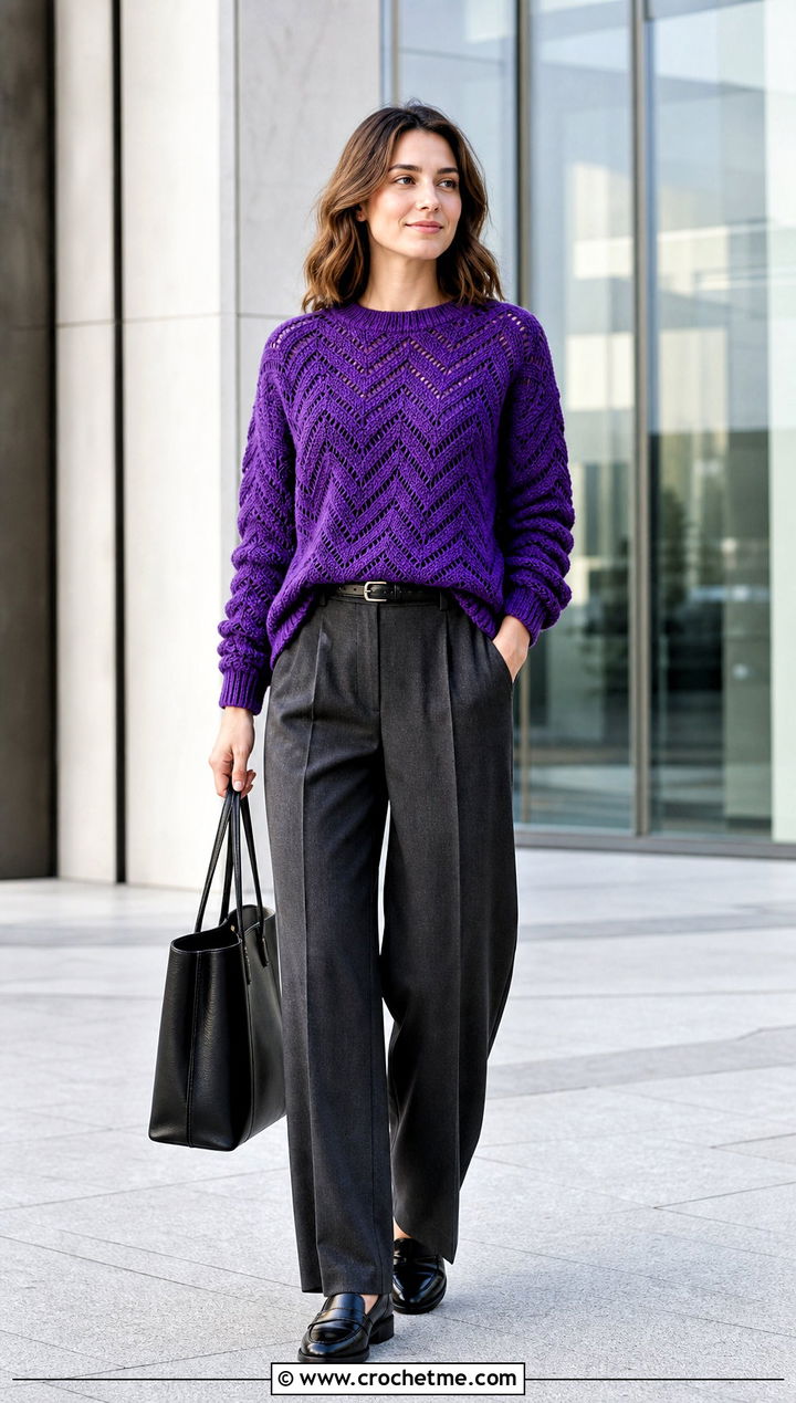 Crewneck Chevron Crochet Wave Sweater With Tailored Trousers - 30 crochet wave sweater outfit ideas