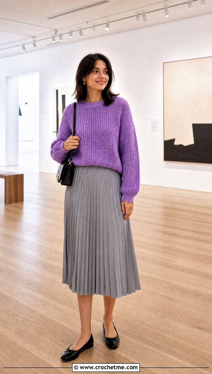 Crewneck Crochet Boyfriend Sweater With Pleated Midi Skirt - 30 crochet boyfriend sweater outfit ideas