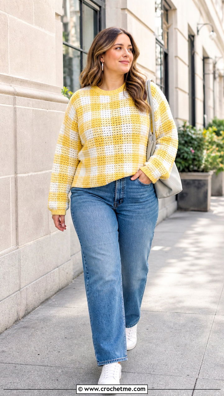 Crewneck Crochet Gingham Sweater With Straight Leg Jeans - 25 Crochet Gingham Sweater outfit ideas