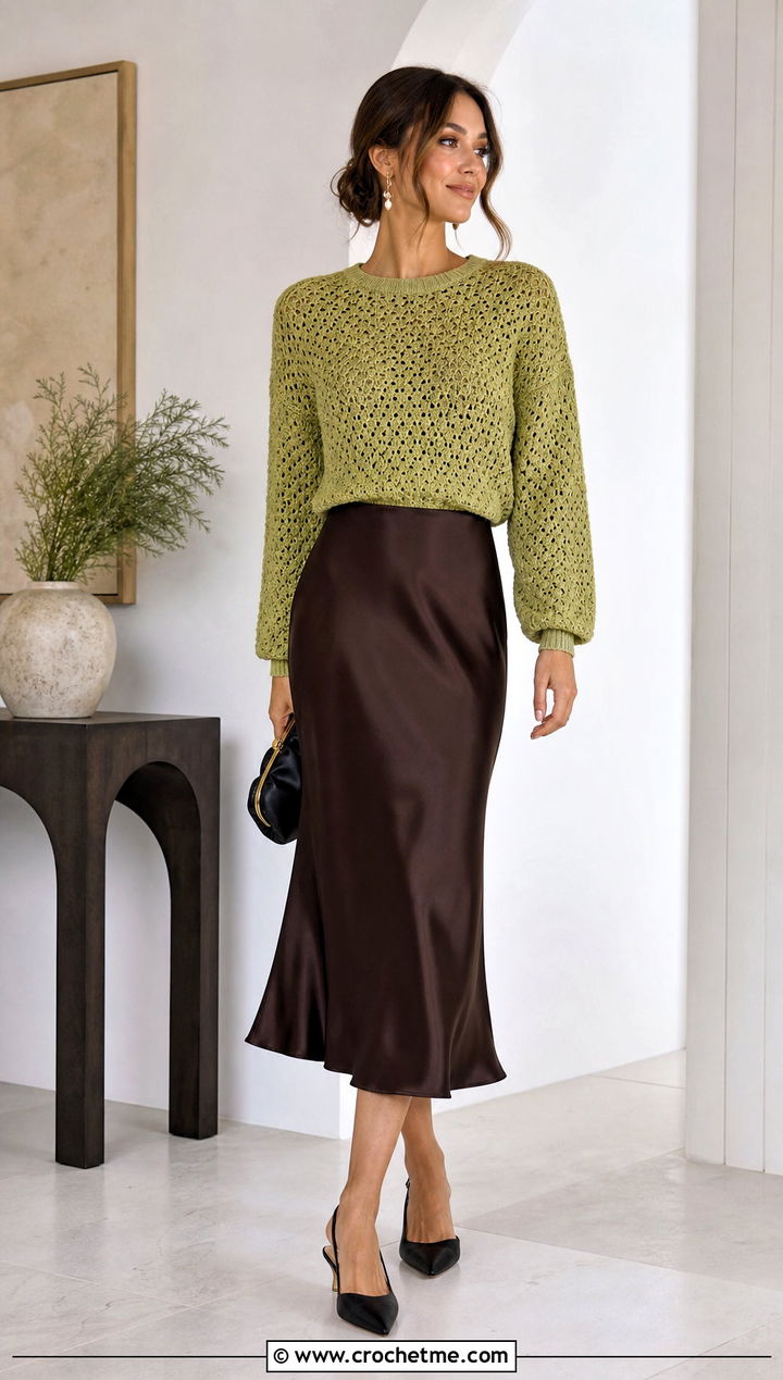 Crewneck Crochet Knit Sweater With Satin Midi Skirt - 35 Crochet Knit Sweater outfit ideas