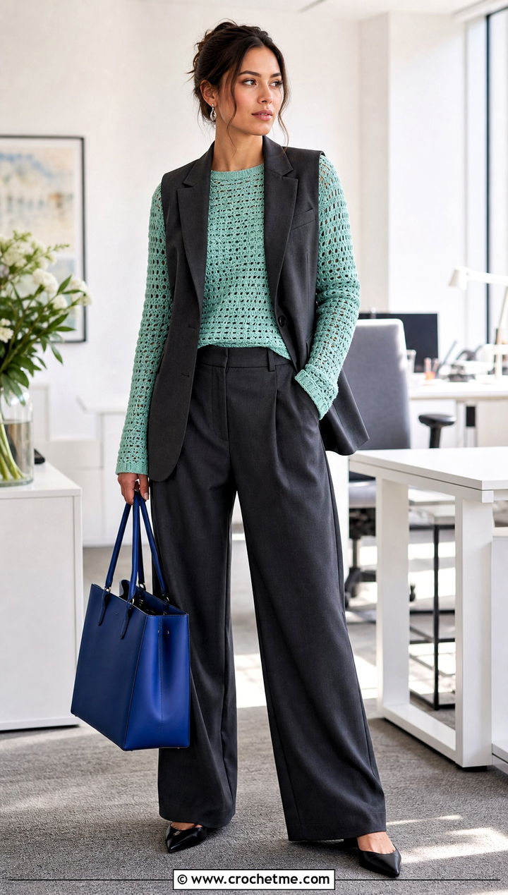 Crewneck Crochet Long Sleeve Top With Suit Vest - 35 crochet long sleeve tops outfit ideas