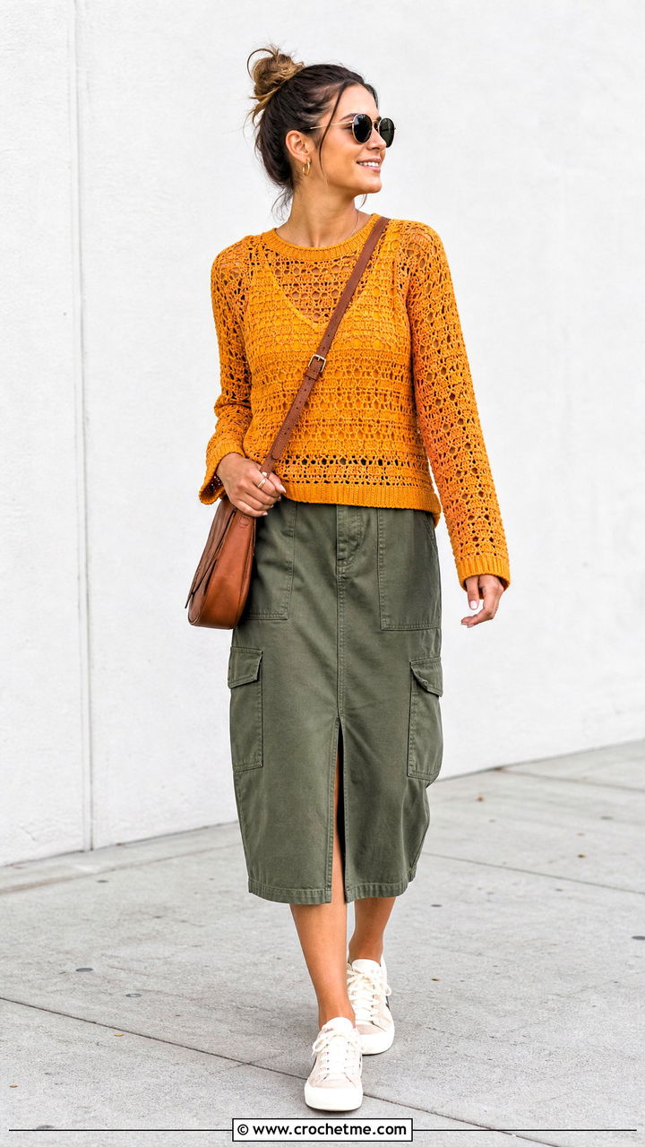 Crewneck Crochet Long Sleeve Top With Utility Skirt - 35 crochet long sleeve top outfit ideas
