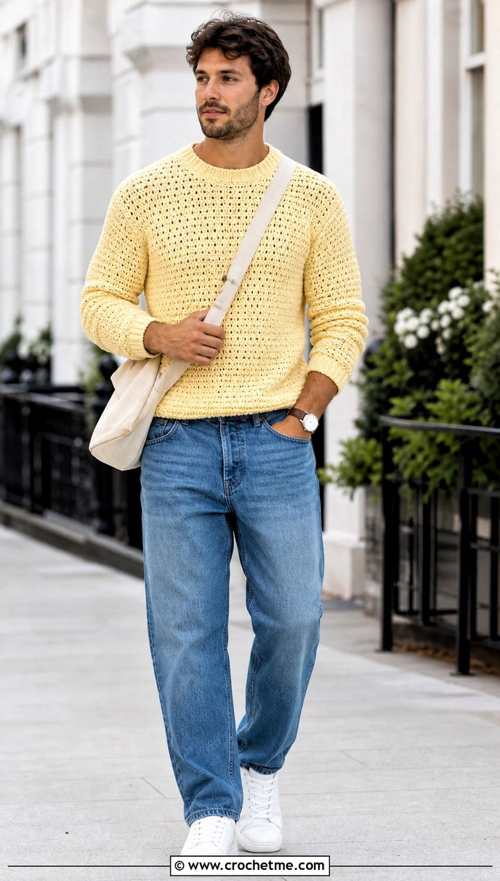Crewneck Crochet Mens Pullover With Straight Leg Jeans - 15 crochet mens pullover outfit ideas