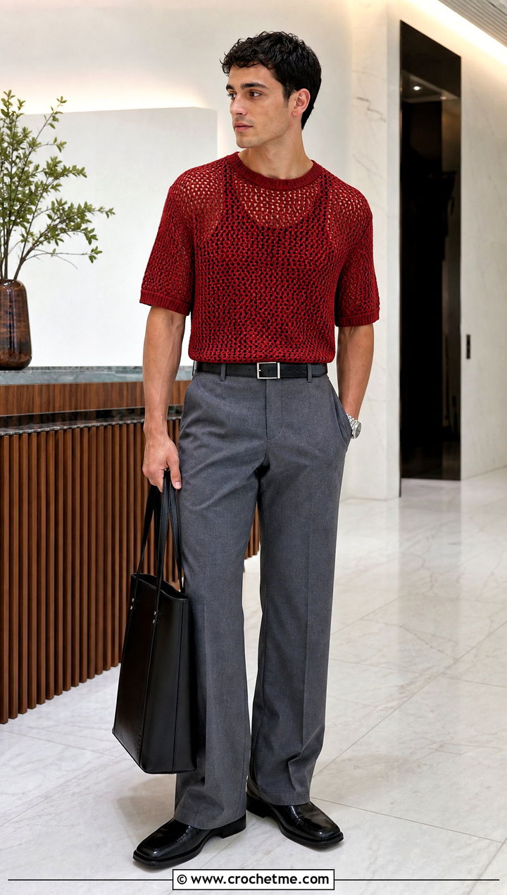 Crewneck Crochet Mesh T Shirt With Wide Leg Trousers - 25 Men Crochet Mesh Shirt outfit ideas
