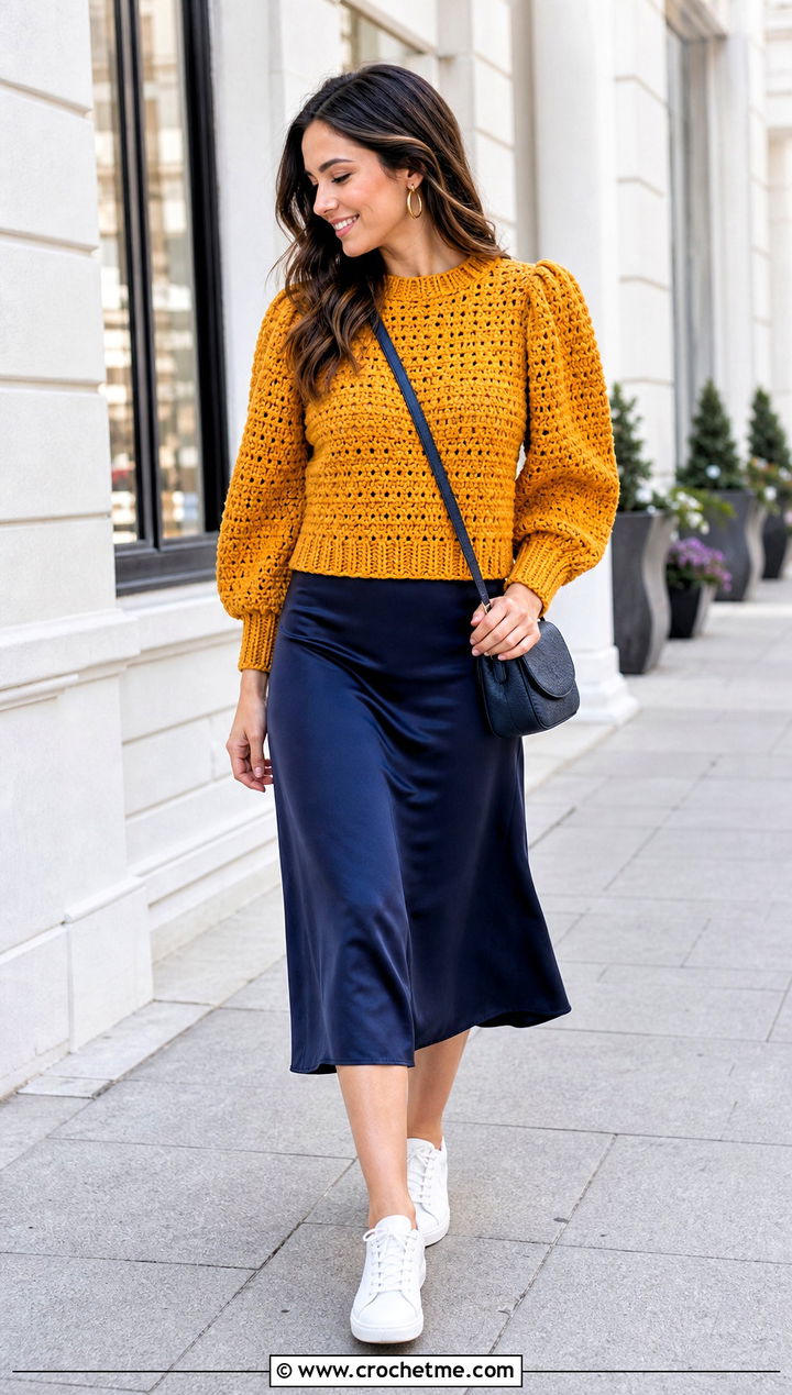 Crewneck Crochet Puff Sleeve Sweater With Slip Skirt And Sneakers - 25 Crochet Puff Sleeve Sweater outfit ideas