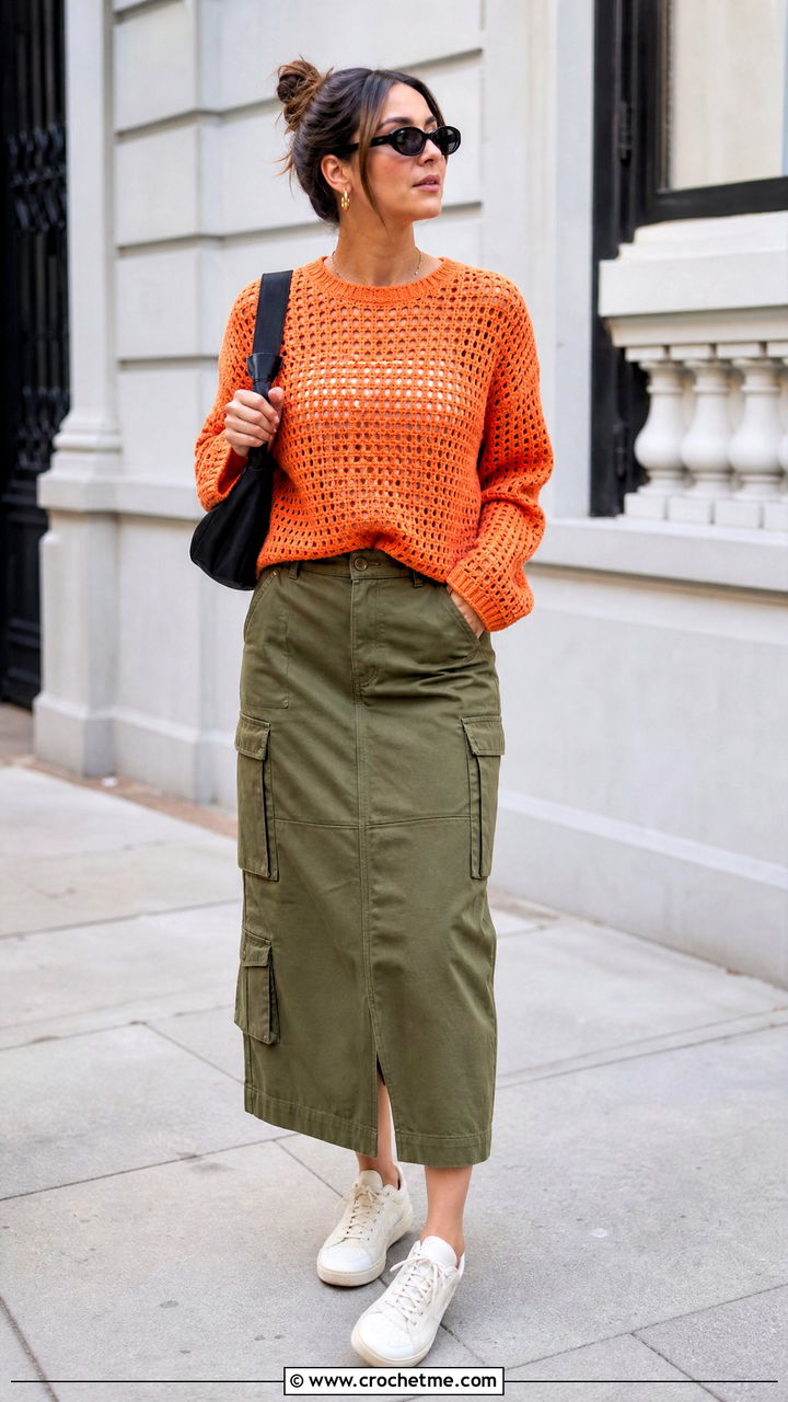 Crewneck Crochet Pullover With Cargo Midi Skirt - 35 crochet pullover outfit ideas