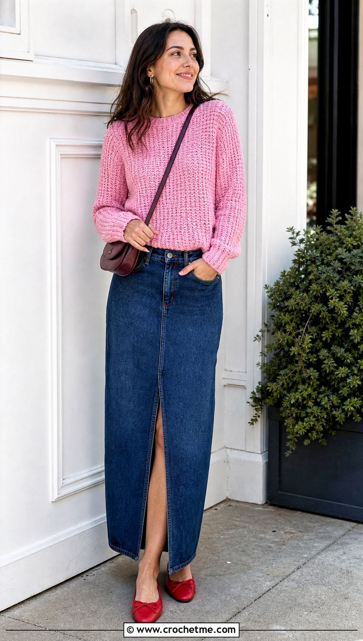 Crewneck Crochet Pullover With Denim Maxi Skirt - 30 Easy Crochet Pullover outfit ideas