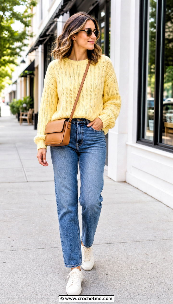 Crewneck Crochet Ribbed Sweater With Straight Leg Jeans - 35 crochet ribbed sweater outfit ideas