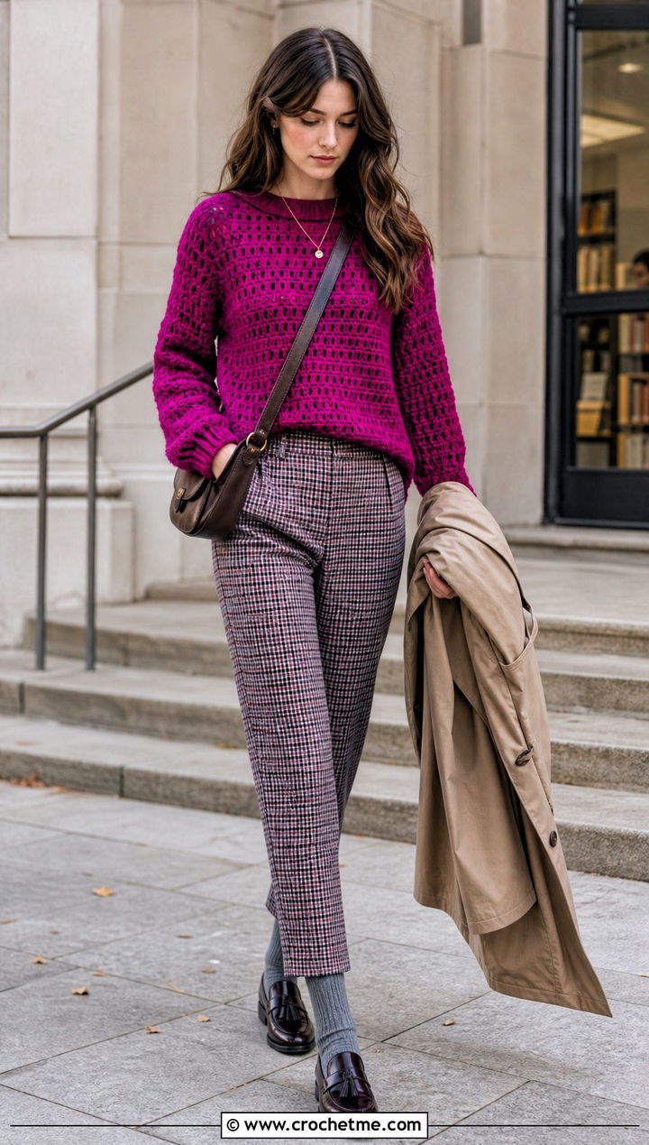 Crewneck Crochet Rory Gilmore Sweater With Plaid Pants - 25 crochet rory gilmore sweater outfit ideas