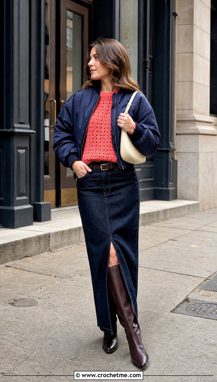 Crewneck Crochet Sweater With Denim Maxi Skirt - 30 winter crochet sweater outfit ideas