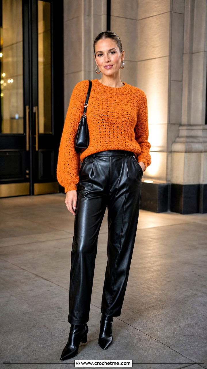 Crewneck Crochet Sweater With Leather Pants - 35 crochet sweaters women outfit ideas