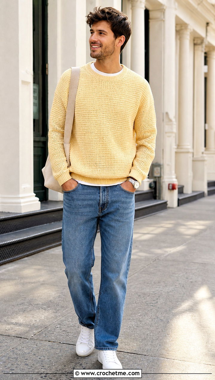 Crewneck Crochet Sweater With Straight Jeans - 30 crochet sweater for man outfit ideas
