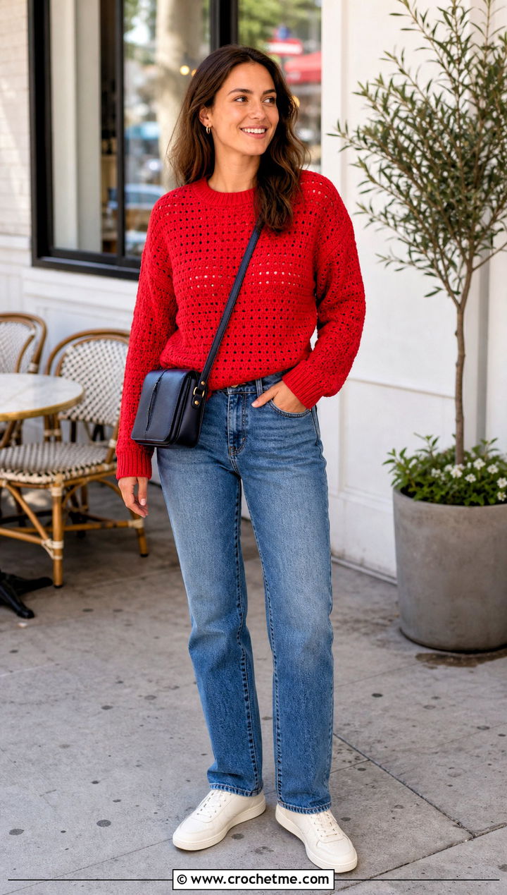 Crewneck Crochet Sweater With Straight Leg Jeans - 35 crochet sweater for women outfit ideas