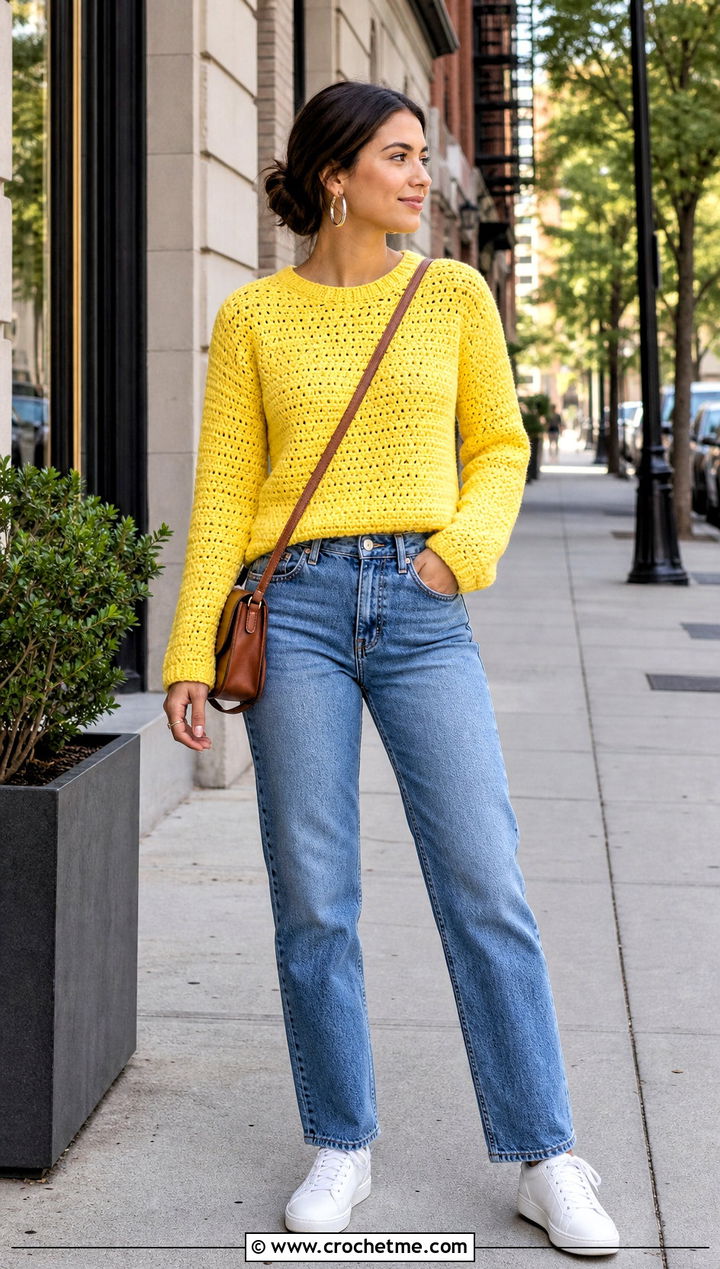 Crewneck Crochet Sweater With Straight Leg Jeans - 25 Basic Crochet Sweater outfit ideas