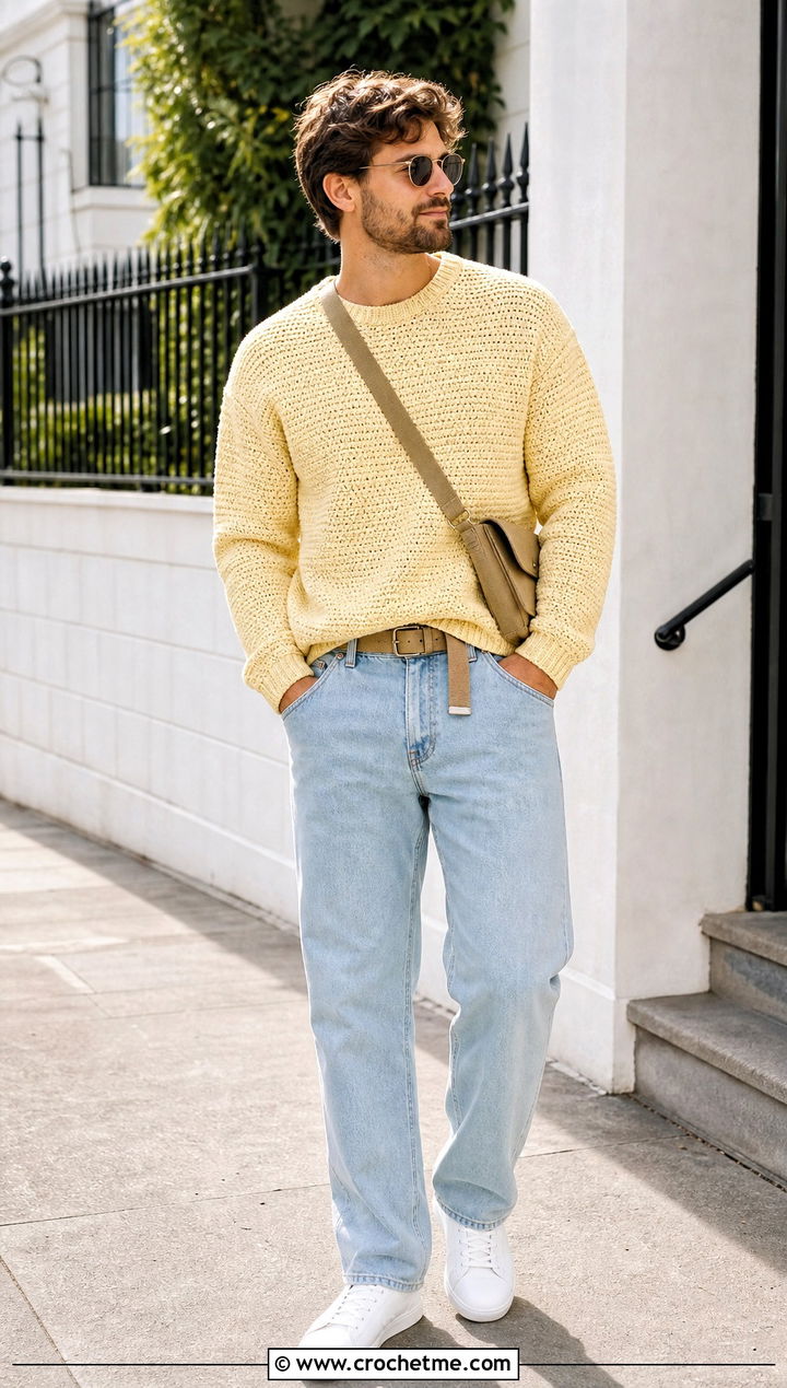 Crewneck Crochet Sweater With Straight Leg Jeans - 25 man crochet sweater outfit ideas
