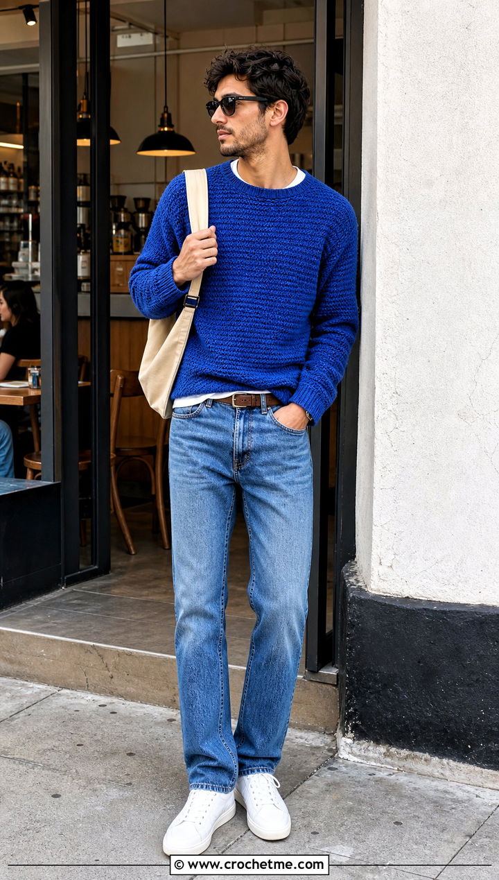 Crewneck Crochet Sweater With Straight Leg Jeans - 25 Mens Crochet Sweaters outfit ideas