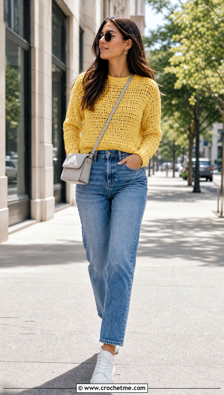 Crewneck Crochet Sweater With Straight Leg Jeans - 20 Crochet Ladies Sweater outfit ideas