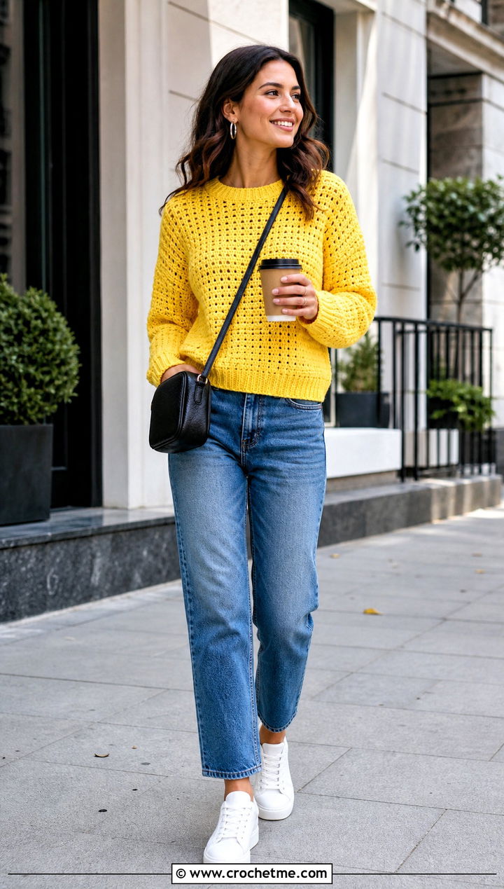 Crewneck Crochet Sweater With Straight Leg Jeans - 30 cozy crochet sweater outfit ideas