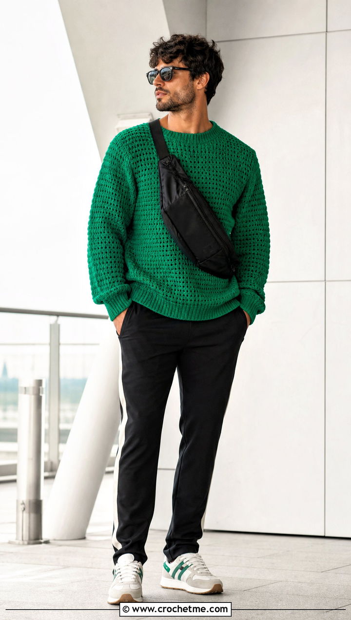 Crewneck Crochet Sweater With Track Pants - 30 male crochet sweater outfit ideas